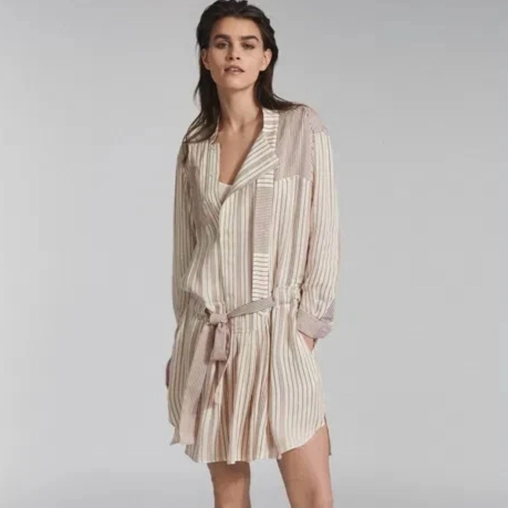 REISS Alba Striped Belted Shirt Dress Sheer Tunic w Slip Cream Red Viscose US 10